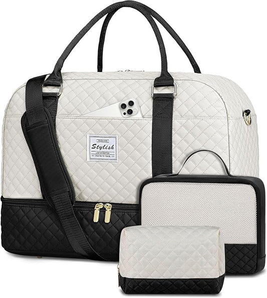 Travel Duffle Weekender Bags for Women: Overnight Bag with Shoe Compartment Carry On Bags with Toiletry & Wet Pocket Large Tote Hospital for Women Labor Delivery Black White