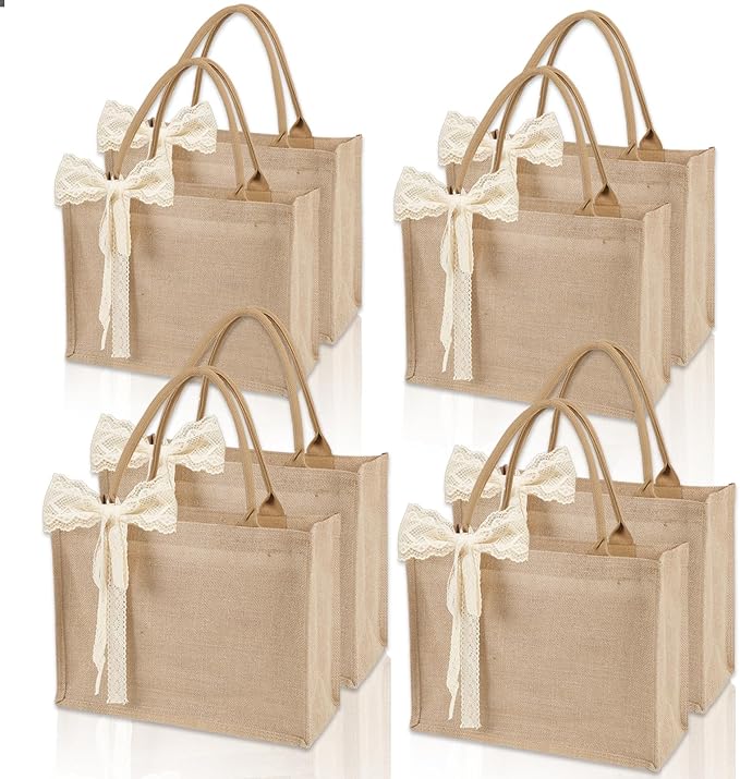 8pcs Burlap Tote Bag Set with Handles, Waterproof Reusable Blank Water Resistant Grocery Bags with Ribbon Large Jute Tote 15.35*6*12 Inch for Women Bridesmaid Gift Beach Shopping Wedding Travel DIY