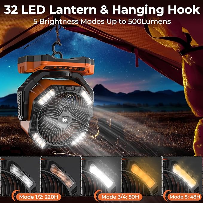 40000mAh Camping Fan with Light - 12in Rechargeable Battery Powered Fan (136H Cool Max), 90°Auto Oscillating with Remote & Charger, 4 Speeds & Timers for Outdoor/Patio/Garage/Jobsite/Hurricane/Outage