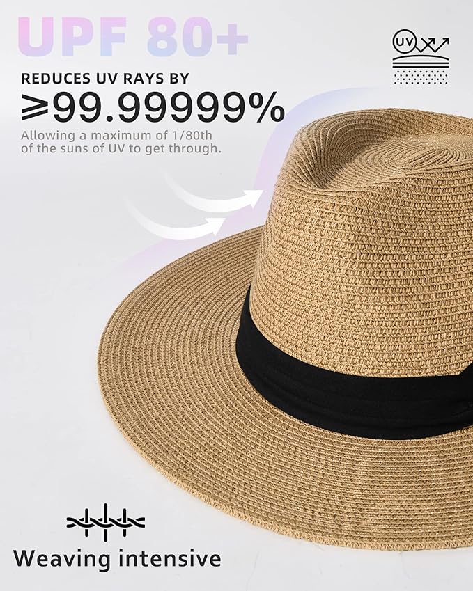 FURTALK Womens Mens Wide Brim Straw Panama Hat Fedora Summer Beach Sun Hats UPF Straw Hat for Women