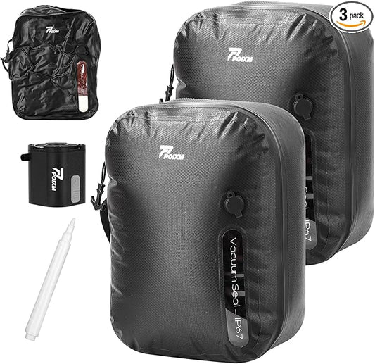 Vacuum Bags for Travel with Wireless Pump, 180° Open Zipper, IP67 Waterproof, Reusable Space Saver Compression Bags for Backpack, Suitcase, Home Storage(2 Pack + Pump)