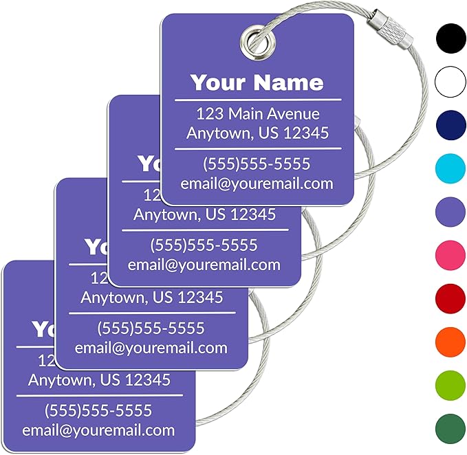 Personalized Luggage Tag | 4 Pack | Custom Luggage Tags for Suitcases | Kids Backpack Tag | 10 Color Options & Choose Font, Font Color