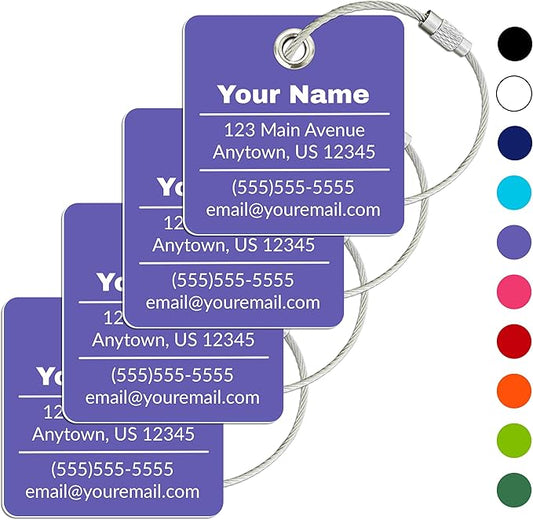 Personalized Luggage Tag | 4 Pack | Custom Luggage Tags for Suitcases | Kids Backpack Tag | 10 Color Options & Choose Font, Font Color