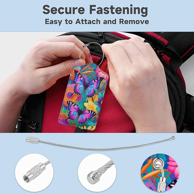 2 Pack Luggage Tag for Suitcase,Groovy Flowers Butterflies Leather Suitcase Tags Identifiers with Privacy Name Address Labels and Durable Steel Loop for Women Men Travel
