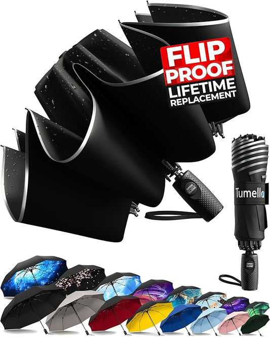 TUMELLA Flip-proof Inverted Travel Umbrella, Small Strong but Light Portable and Automatic Reverse Folding Rain Umbrella, Durable Premium Grip, Fits Car & Backpack