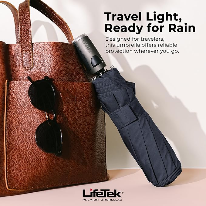 LifeTek Premium Travel Umbrella - Windproof & Compact for Men & Women, Automatic Open Close, Fits in Purse Laptop Bag or Backpack, Strong Frame for Heavy Rain & Sun UV Protection
