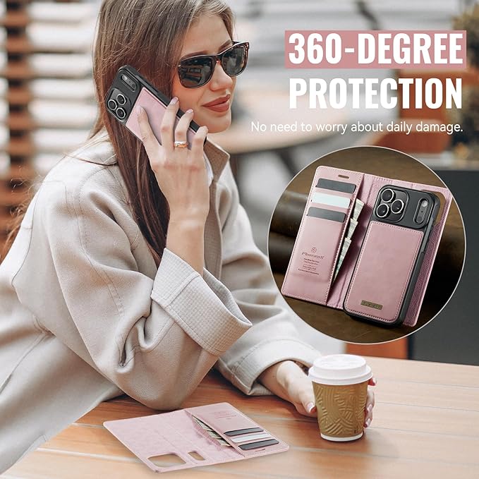 PlusnapX Wallet Case for iPhone 17 Pro Compatible with Magsafe, 2-in-1 PU Leather Flip RFID Blocking Card Holder Stand Shockproof Magnetic Detachable Cover for iPhone 17 Pro Case 6.3", Pink