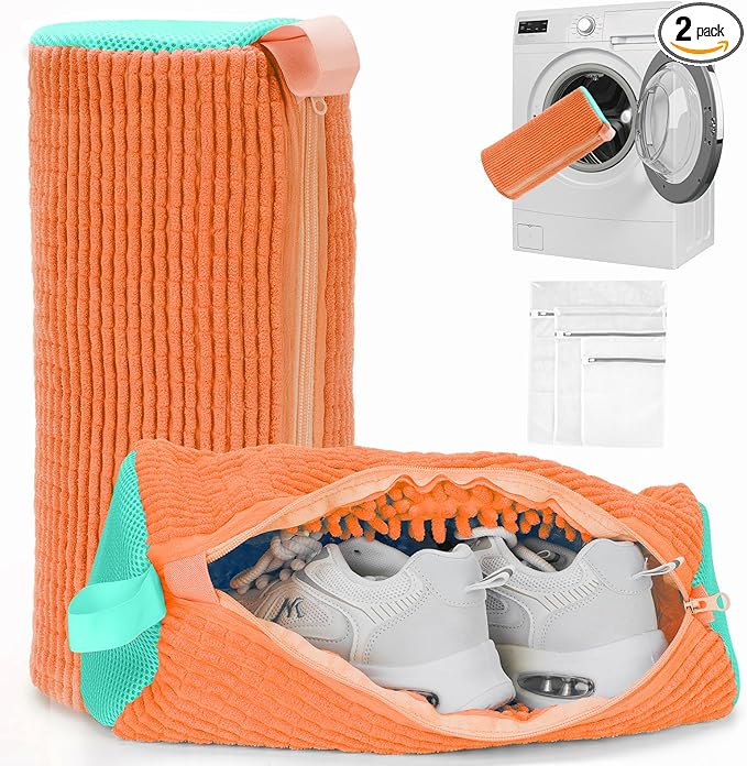 Shoe Washing Machine Bag - Laundry Shoe Bag (2-Pack) Includes 3 Laundry Bags, Reusable, Washer & Dryer Safe, 360° Deep Cleaning for All Shoe Types, Self-Locking Zipper(Orange)