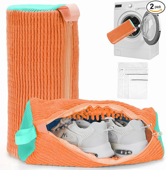 Shoe Washing Machine Bag - Laundry Shoe Bag (2-Pack) Includes 3 Laundry Bags, Reusable, Washer & Dryer Safe, 360° Deep Cleaning for All Shoe Types, Self-Locking Zipper(Orange)