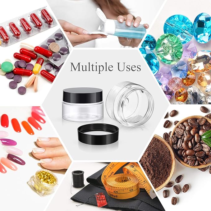 SATINIOR 12 Pack 1 oz Plastic Container Jars with Lids Round Clear Travel Cosmetic Container Jars for Toiletries, Lotion, Cream, Ointments, Makeup, Rhinestone, Samples, Kitchen Storage, Black