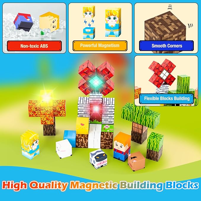 45PCS Magnetic Blocks Travel Toys for Kids with Portable Iron Box, Mini Magnetic Cubes Toys for Airplane & Car Ride STEM Learning Gift Idea for Ages 3+（ Farm Theme）