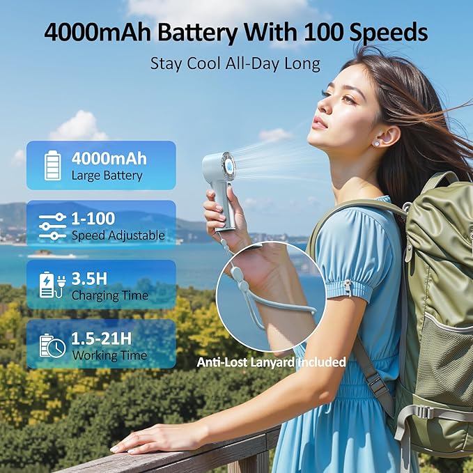 Portable Handheld Fan with Ice Cooler, 21H Max Cooling,9500RPM High Speed,100 Speeds, Small Pocket Turbo Design,Digital Display, Rechargeable Personal Handheld AC Fan for Travel Outdoor Office Commute