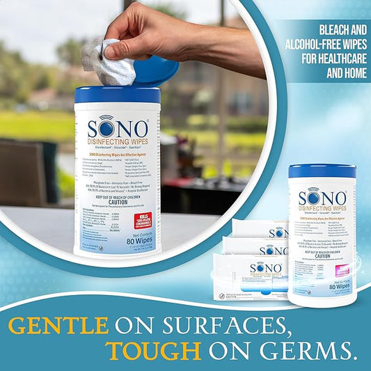 SONO Disinfecting Wipes - 80 Count (Canister of 1) and 60 Count (Pack of 3) + Sanitizer, Medical-Grade, Alcohol-Free, No Bleach, Gentle & Effective Multi-Surface Cleaning Solution