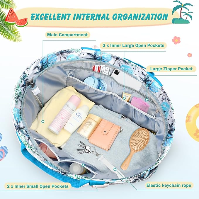 Extra Large Beach Bags for Women, Waterproof Sandproof Beach Tote Bag Zipper Foldable Swim Pool Bag with Wet Pocket