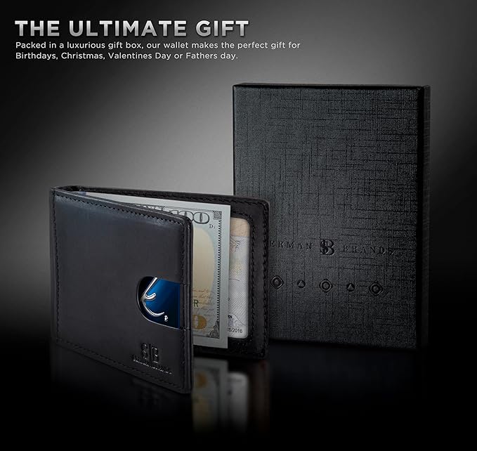 SERMAN BRANDS RFID Blocking Slim Bifold Genuine Leather Minimalist Front Pocket Wallets for Men with Money Clip Thin Mens