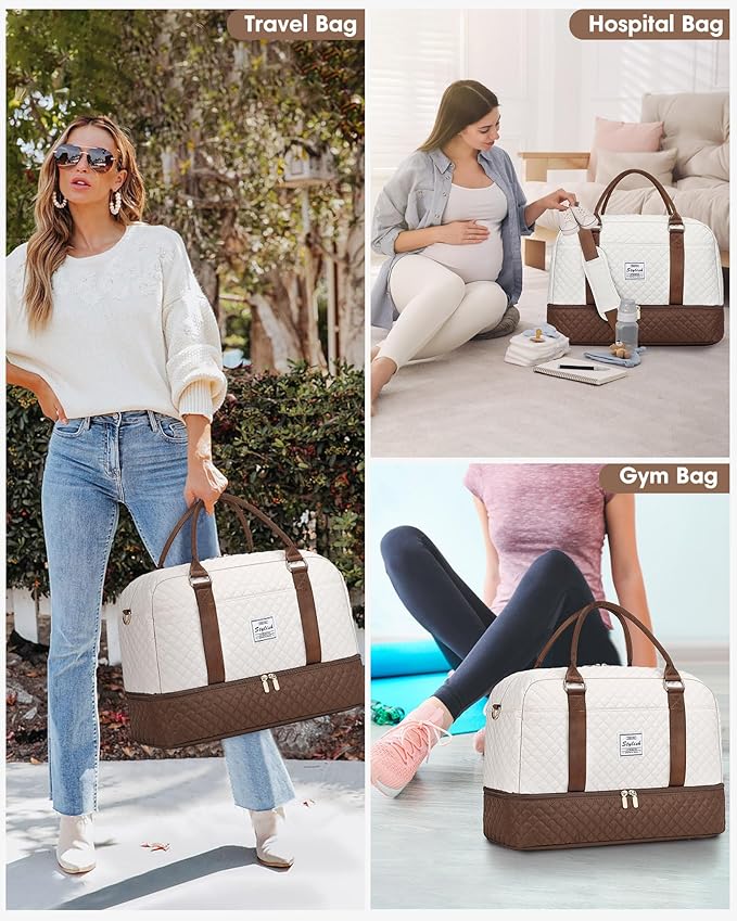Travel Duffle Bag Weekender for Women: Travel Duffel Bag Carry-On Overnight Bag with Shoe Compartment & Wet Pocket Large Weekend Tote Bag Gym Duffel Bag for Hospital Beige Brown