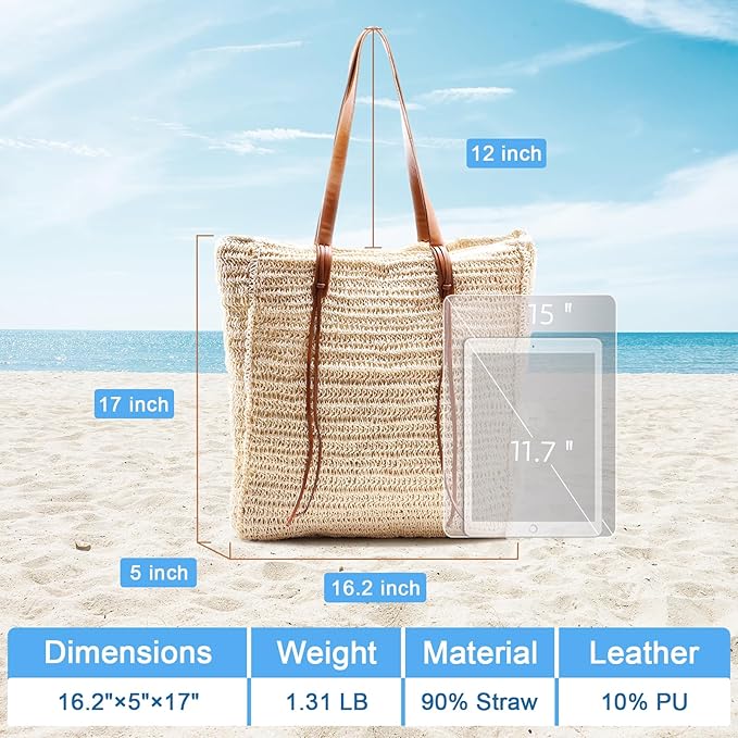 miss fong Summer Beach Bag, Beach Bags for Women,Straw Bag Straw Beach Bag Handmade Woven Tote Bag for Holiday Beach Trips