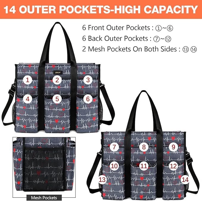IBFUN Utility Tote Bag with 14/24 Pockets Zip Top Teacher Tote Bag for Teacher/Work Women