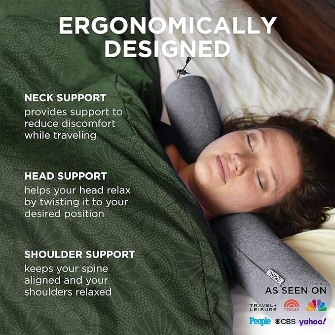 Dot&Dot Twist Memory Foam Travel Pillow for Airplanes - Travel Neck Pillow for Sleeping - Airplane Pillow for Neck Support, Chin, Lumbar and Leg - Adjustable, Bendable Neck Roll Pillow (Gray DBlue AC)