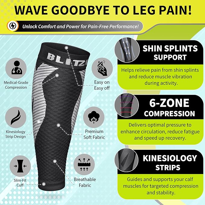 BLITZU Calf Compression Sleeve for Men & Women Footless Compression Socks Support Runners Leg Sleeve Shin Splints Pain Relief