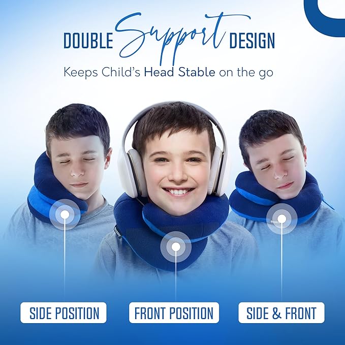 BCOZZY Kids Travel Neck Pillow (8-12 Y/O) – Patented Soft Child Pillow for Head & Chin Support in Car, Airplane, and Road Trip Sleeping. Adjustable Size. Carry Bag. Fully Washable. Medium, Light Blue