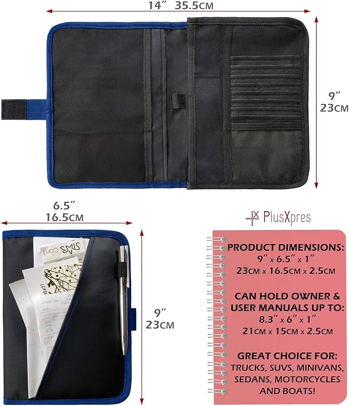 Glove Box Compartment Organizer - Car Document Holder - Owner Manual Case Pouch - Vehicle Storage Wallet for Registration & Insurance Card - Premium Auto Paperwork Holder - Log Book included - Blue