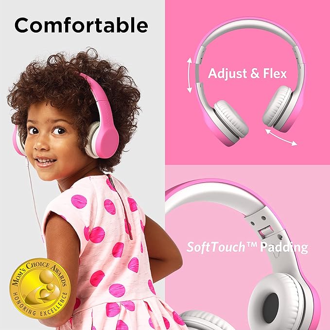 LilGadgets Connect+ Foldable Headphones, Adjustable Fit Soft Touch Padding for Kids with Mic, Volume-Limited & Noise Reduction On-Ear Wired Headset for School with SharePort - Pink, Ages 3-14