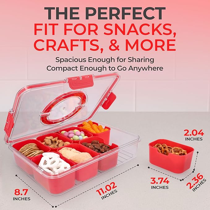 Snackle Box Container with Lid- Travel Charcuterie Box with Handle - Organizer for Candy, Fruit, Nuts, Veggies, Snacks, Beach Essentials, Portable Lunch Box (Red, Large)