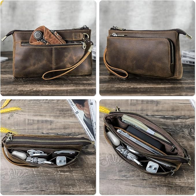 Top Grain Leather Text Custom Electronic Organizer Zipper Bag Tech Pouch, Handmade, Portable Compact Travel Storage Cases for Phone, USB Cables, Power Banks, Chargers, Hard Drive