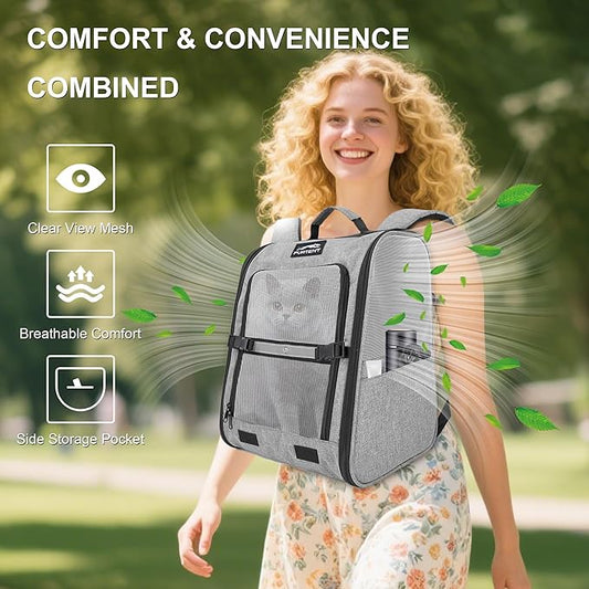 Pet Backpack Carrier for Small Dogs and Cats, Comfortable Portable Cat Bag for Travel Use with Ventilated Mesh, Safety Strap, and Easy-Clean Waterproof Fabric, Grey
