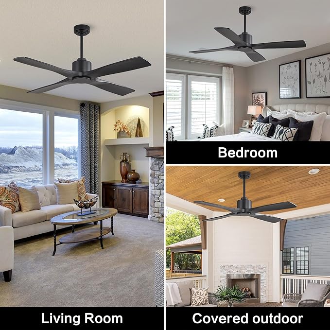 WINGBO 54" DC Ceiling Fan without Lights, 4 Carved Solid Wood Blades, 6-Speed Noiseless Reversible DC Motor, Modern Ceiling Fan No Light with Remote, Matte Black Finish with Black Blades, ETL Listed