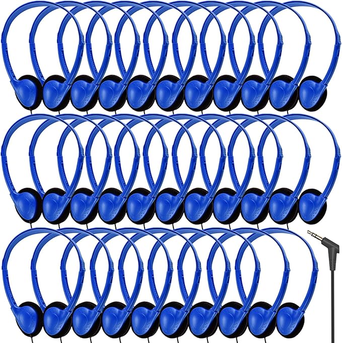 Bulk Earbud Headphones 50 Pack for School Classroom Kids, Wholeslae Wired Durable Earphones Class Set for Students Children Toddler Teens Boys Girls and Adult (HY857,50 Blue)