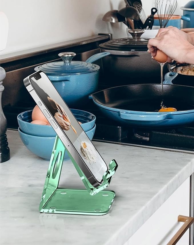 TOPGO Acrylic Cell Phone Stand, Clear Phone Holder for Office Desk, Vanity, Kitchen Counter, Bedside Table, Compatible with iPhone 17 16 15 14 13 12 Pro Max Plus/Smartphones/iPad/Switch/Kindle(Green)