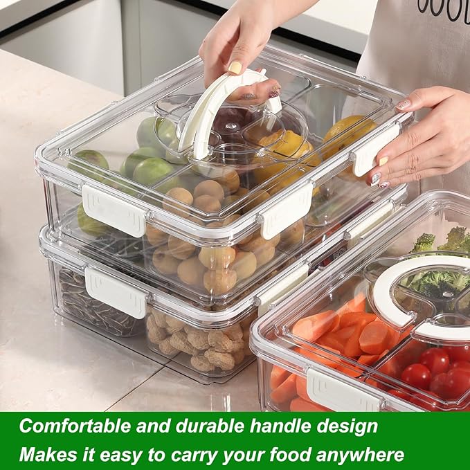 Taiuloo Divided Serving Tray with Airtight Lid and Handle, 4 Compartment Snackle Box Container, Portable Snack Platters, Clear Fridge Organizer & Food Storage for Veggie, Fruit, Charcuterie, Nuts