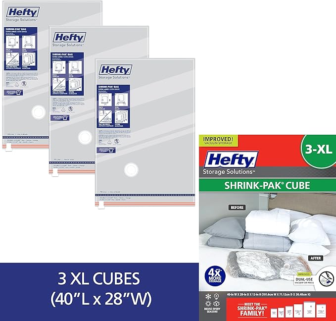 Hefty Shrink-Pak Vacuum Storage Bags - Space Saver for Under Bed Storage, Clothing and Comforters, Odor Resistant, 3X More Storage Space - 3 XL Cubes Bags