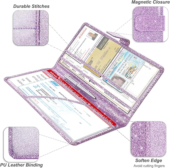RSAquar Car Registration and Insurance Holder, Vehicle Car Glove Box Organizer, Cool Car Accessories for ID, Driver License Cards & Essential Document, Men&Women, Purple Glitter