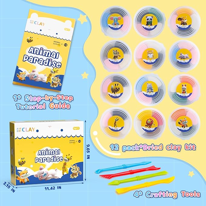 Air Dry Clay Kits, Modeling Clay for Kids with Sculpting Tools and Tutorials, Modeling Magic 12 Animals Arts Crafts Kits, Safe and Non-Toxic DIY Christmas Gift for Kids Toys for Girls