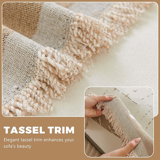 Couch Cover for 3 Cushion Sofa Pet Friendly Furniture Covers, Chenille Sofa Covers Washable L Shape, Boho Couch Blanket Cover with Tassel Decoration, 71"x 150", Light Brown