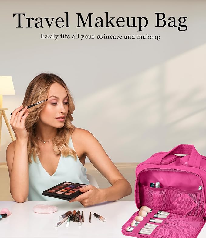 Travel Toiletry Bag for Women, Large Wide-open Puffy Cosmetic Makeup Bag with Wet-Dry Separation, Multi-Pocket Organizer with Carry Handle for Toiletries, Cosmetics, Essentials, Rose Red