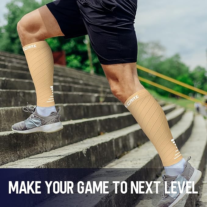 Thoxcare Calf Compression Sleeve for Men Women (2 Pairs), Leg Support Footless Compression Socks for Running - Shin Splint Varicose Veins Swelling & Pain Relief, Beige/White, Large
