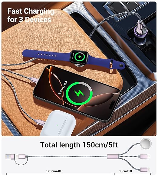 Temdan for Travel Vacation Essentials,3 in 2 USB C Cable for Apple Watch Charger/iPhone 17 Charger/Lightning,Multi Charging Cable Cord,Camping Essentials,Portable Designed for iWatch &iPhone 16-12-5FT