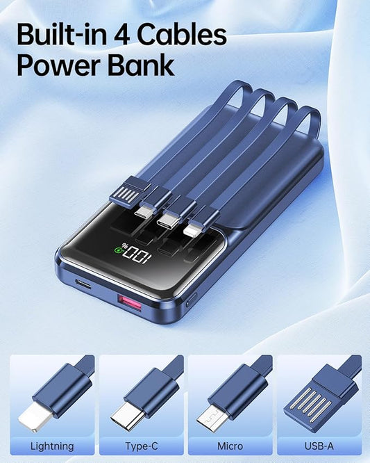 Portable Charger with Built in Cable - Power Bank Fast Charging USB C LED Display 10000mah Battery Pack 5 Outputs & 3 Inputs for Travel Essentials iPhone Samsung Android Phones Tablets Blue