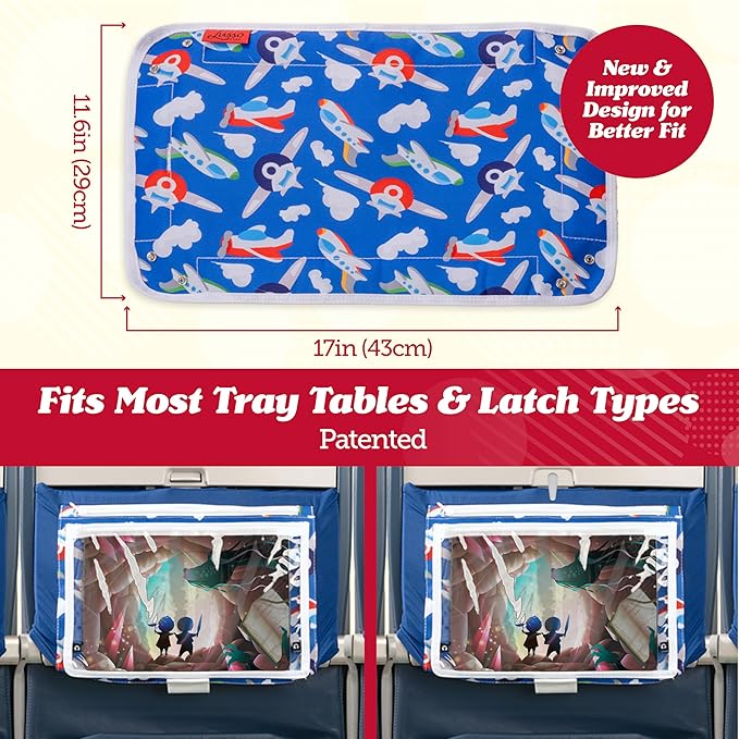 Lusso Gear Airplane Tray Table Cover - Organize Kids Travel Essentials - Snack & Toy Pockets for Airplane Toys for Toddlers 1-3 - Foldable Tablet Stand for Travel Toddler Essentials - Plane Pattern
