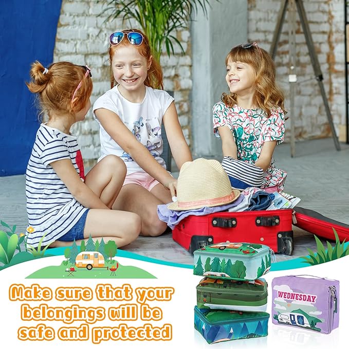 Paterr 7 Pcs Packing Cubes for Travel Kids Days of Week Compression Packing Cubes Colorful Luggage Organizers Suitcase Camp (Car)