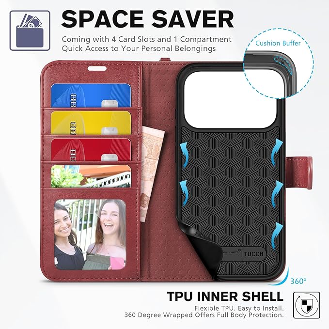 TUCCH Case Wallet for iPhone 17 Pro (6.3-Inch) 2025, Wrist Strap | Stand | RFID Blocking | 4 Card Holders | TPU Shockproof Inner Shell | PU Leather | Magnetic Folio Cover | Dark Red