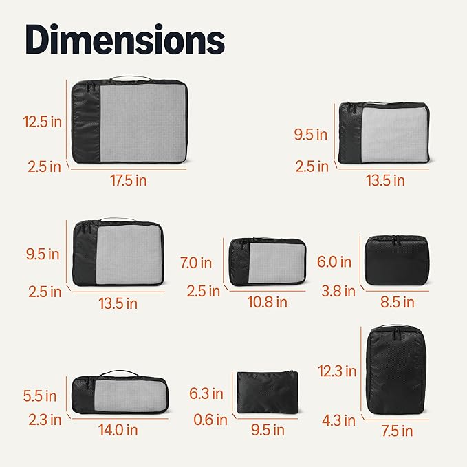 Amazon Essentials Ultralight packing Cubes Packing Organizer black 8 pack Black