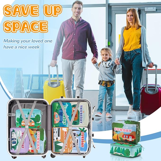 Paterr 7 Pcs Packing Cubes for Travel Kids Days of Week Compression Packing Cubes Colorful Luggage Organizers Suitcase Camp (Car)