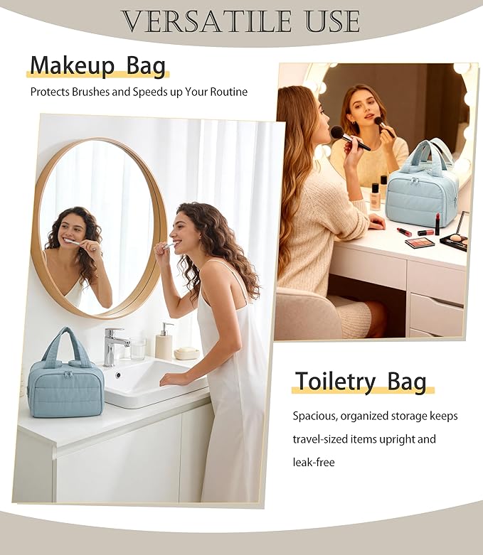Travel Toiletry Bag for Women, Large Wide-open Puffy Cosmetic Makeup Bag with Wet-Dry Separation, Multi-Pocket Organizer with Carry Handle for Toiletries, Cosmetics, Essentials, Light Blue