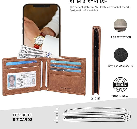 Oak Leathers Slim Leather Wallet for Men - RFID Blocking Slim Minimalist Front Pocket - Thin & Stylish with ID Window, Gift For Men (Cognac)