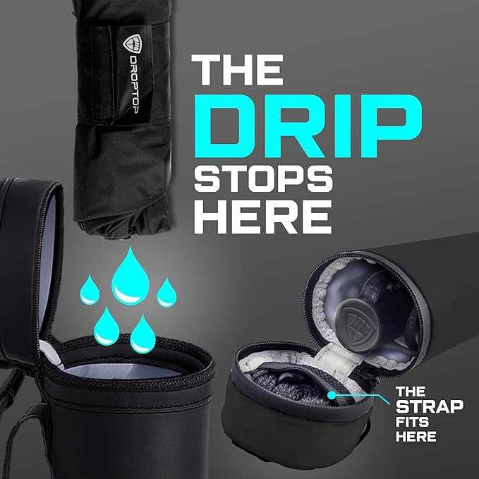 DROPTOP Windproof Compact Umbrella | Plus Crossbody Bag with Leakproof Lining | Hands-Free Carry for Wet or Dry Umbrellas | No Drips, No Hassles, Black